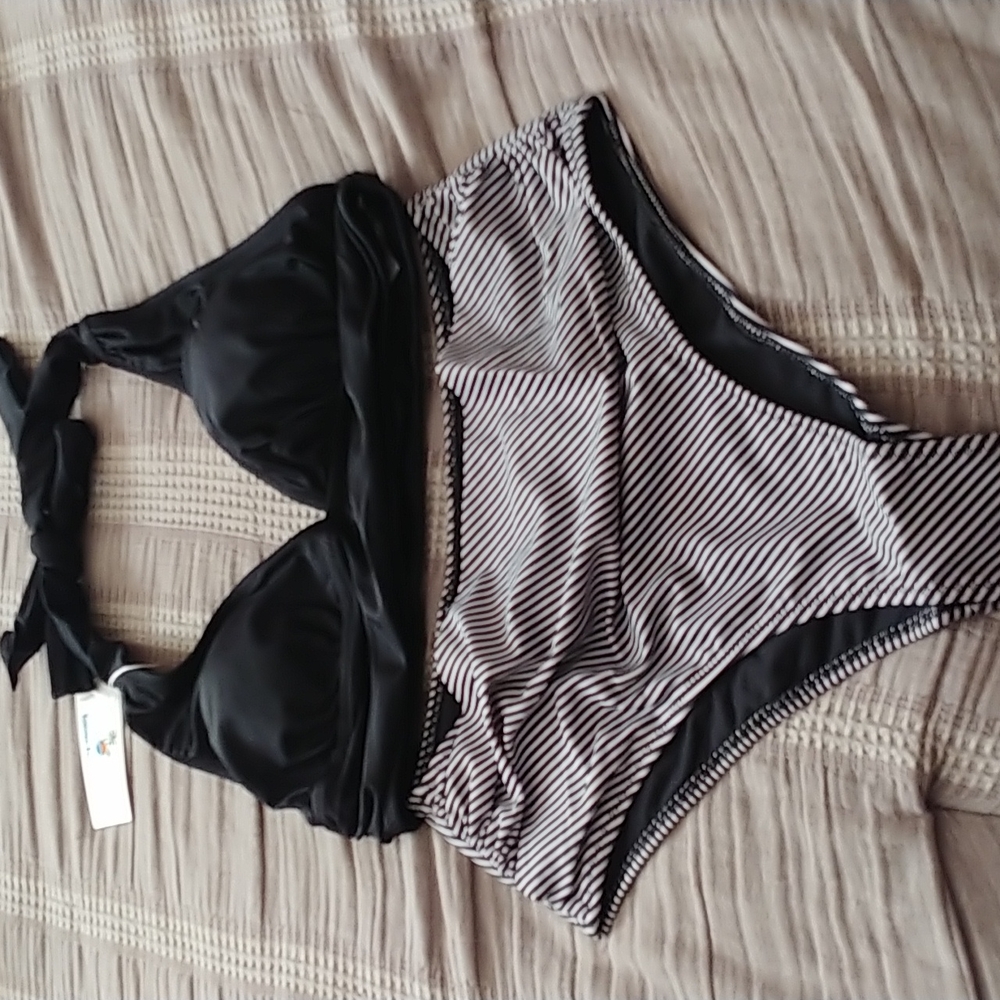 Black halter top bikini with striped bottom -M